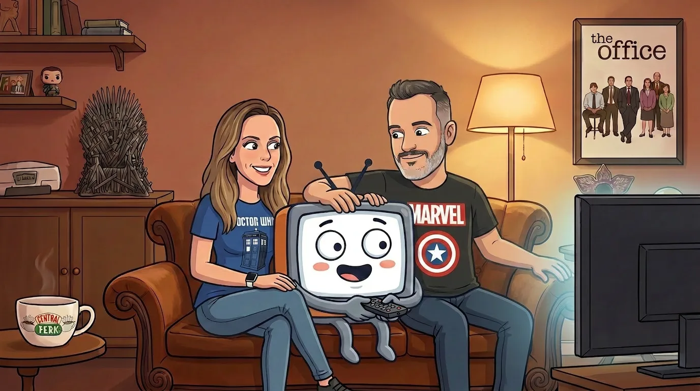 Ilustración de Sandy e Ika en el sofá con una tele muy feliz